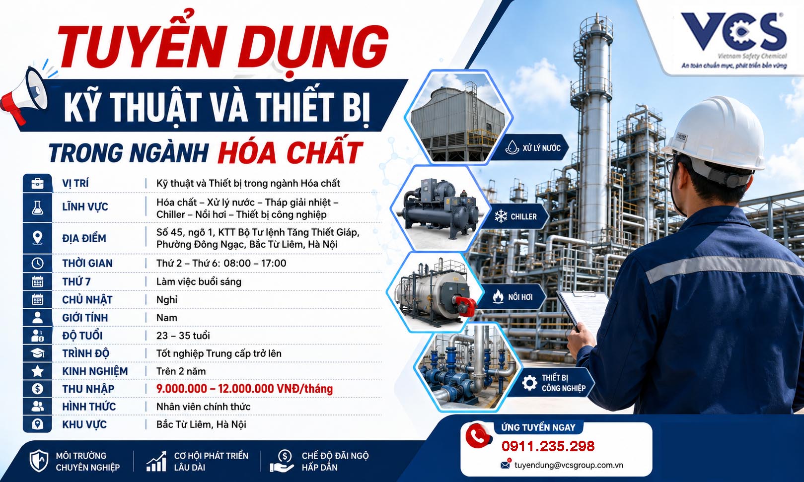 Tuyển kỹ thuật hóa chất và thiết bị Chiller tháp giải nhiệt tại Hà Nội